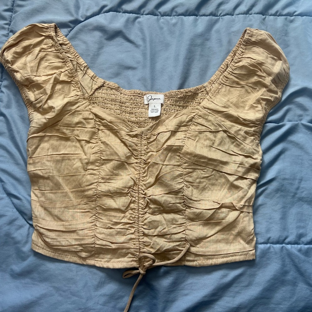 Japna Beige Smocked Cropped Ruched Blouse SZ Large